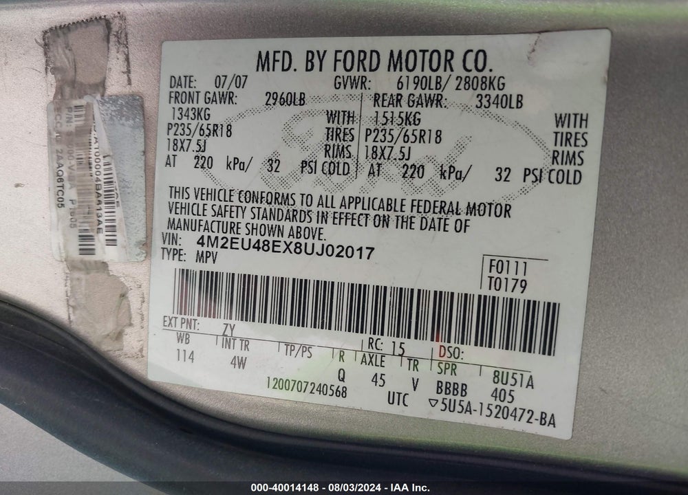 2008 MERCURY MOUNTAINEER PREMIER VIN: 4M2EU48EX8UJ02017