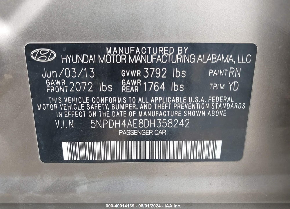 2013 HYUNDAI ELANTRA GLS VIN: 5NPDH4AE8DH358242