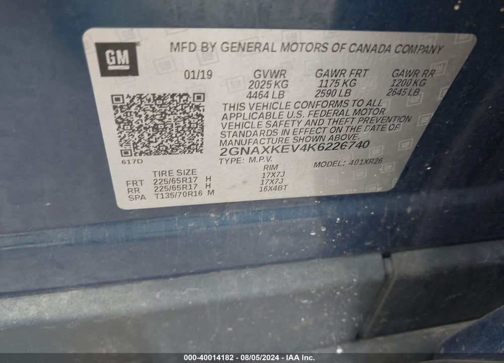 2019 CHEVROLET EQUINOX LT VIN: 2GNAXKEV4K6226740