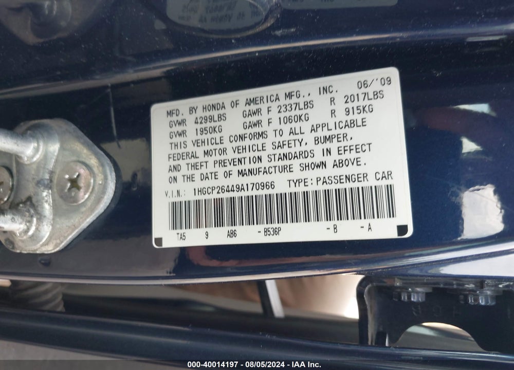 2009 HONDA ACCORD VIN: 1HGCP26449A170966