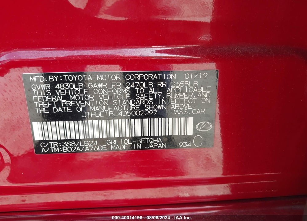 2013 LEXUS GS 350 VIN: JTHBE1BL4D5002297