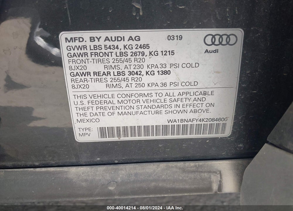 2019 AUDI Q5 45 PREMIUM VIN: WA1BNAFY4K2084600