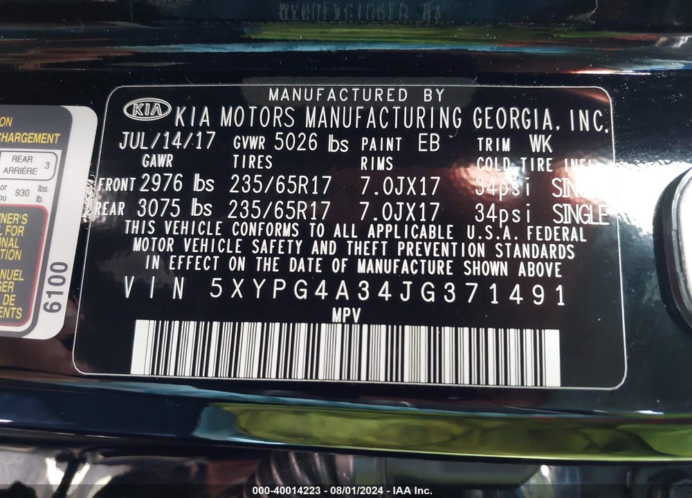 2018 KIA SORENTO 2.4L LX VIN: 5XYPG4A34JG371491