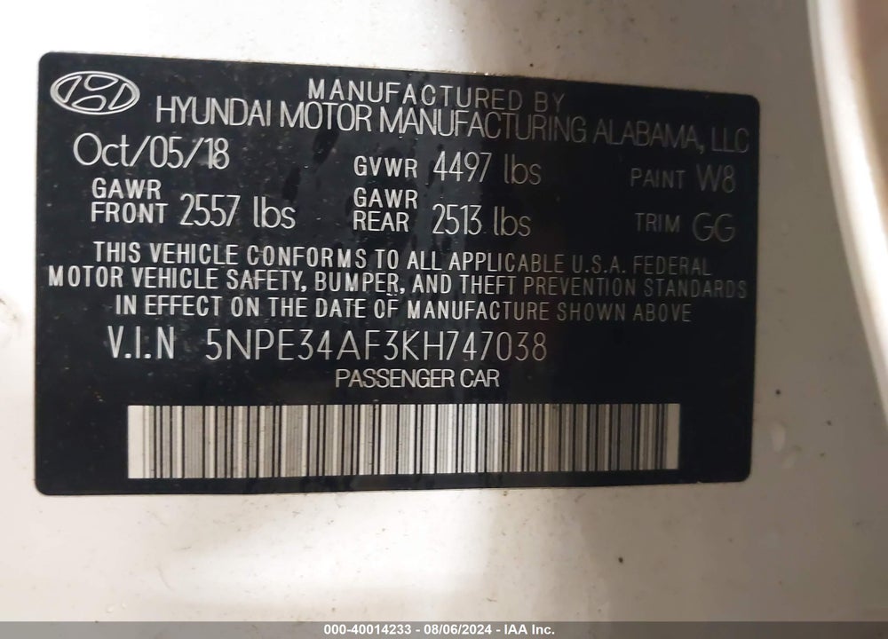 2019 HYUNDAI SONATA VIN: 5NPE34AF3KH747038