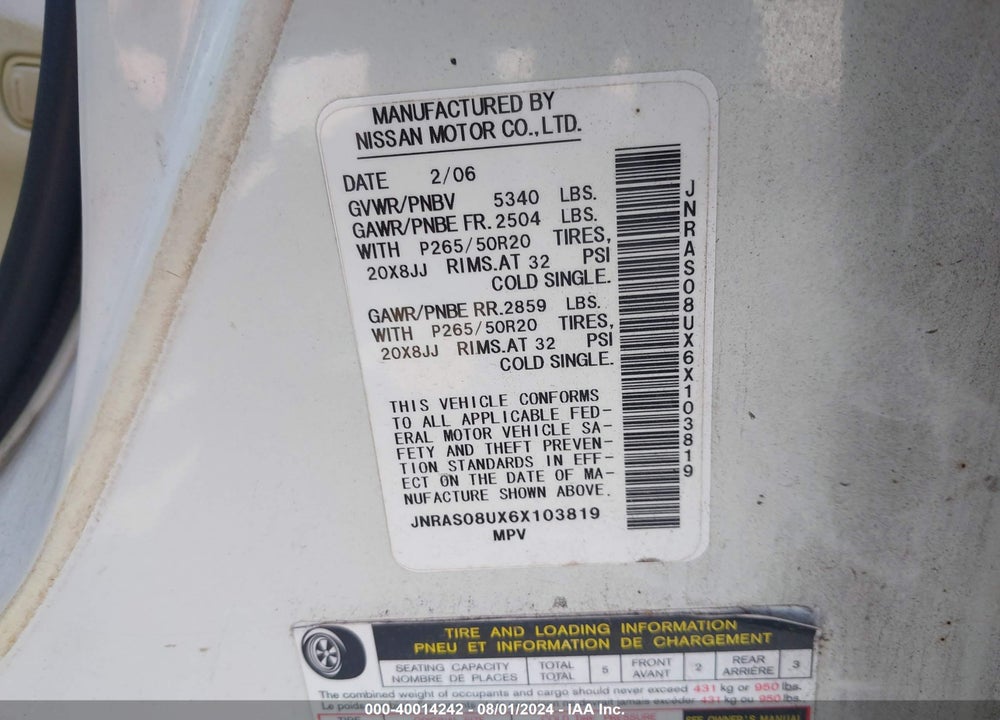 2006 INFINITI FX35 VIN: JNRAS08UX6X103819