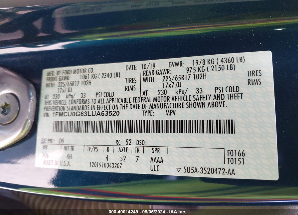2020 FORD ESCAPE SE VIN: 1FMCU0G63LUA63520