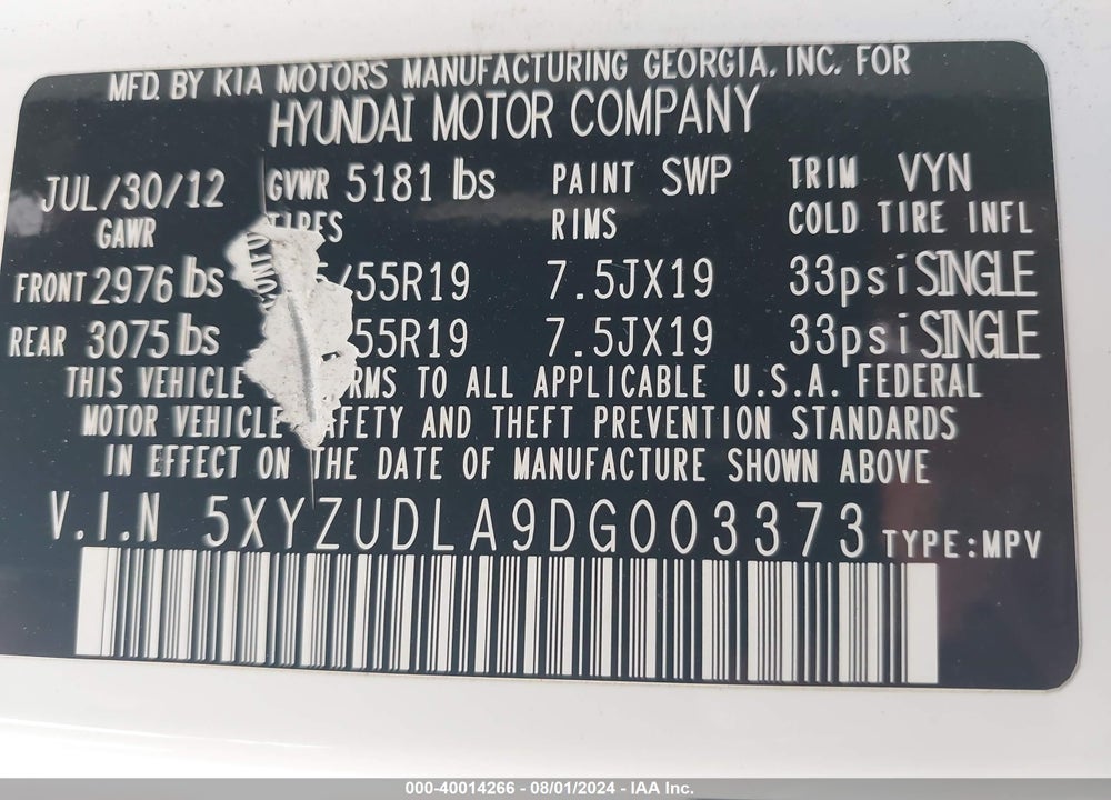 2013 HYUNDAI SANTA FE SPORT 2.0T VIN: 5XYZUDLA9DG003373