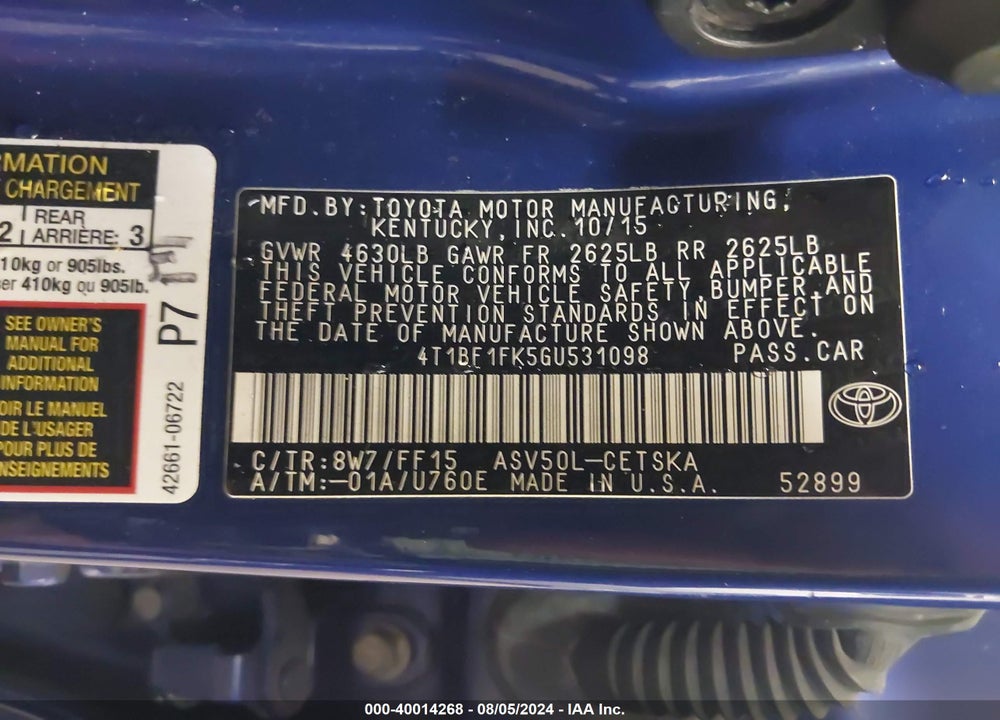 2016 TOYOTA CAMRY LE/SE/XLE/XSE VIN: 4T1BF1FK5GU531098