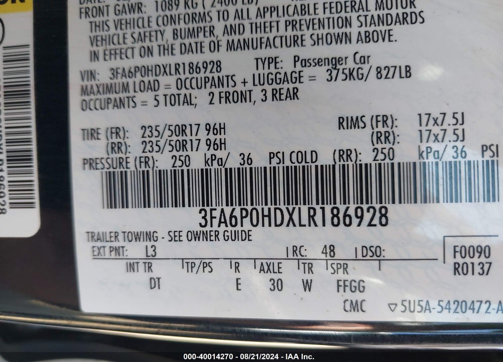 2020 FORD FUSION VIN: 3FA6P0HDXLR186928