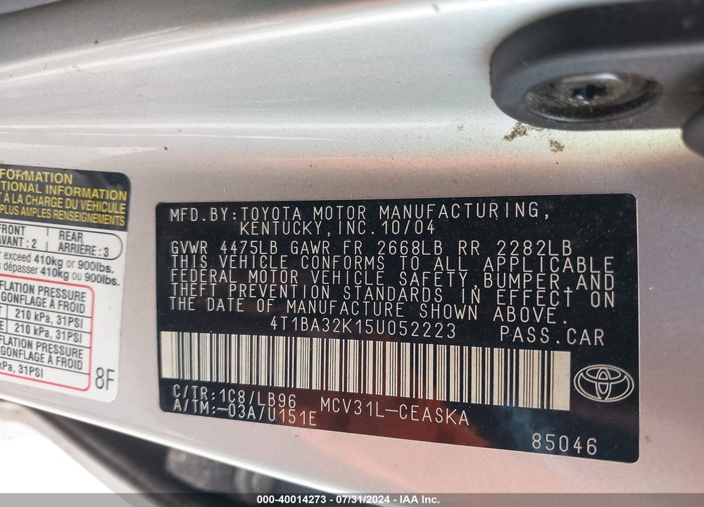 2005 TOYOTA CAMRY SE V6 VIN: 4T1BA32K15U052223