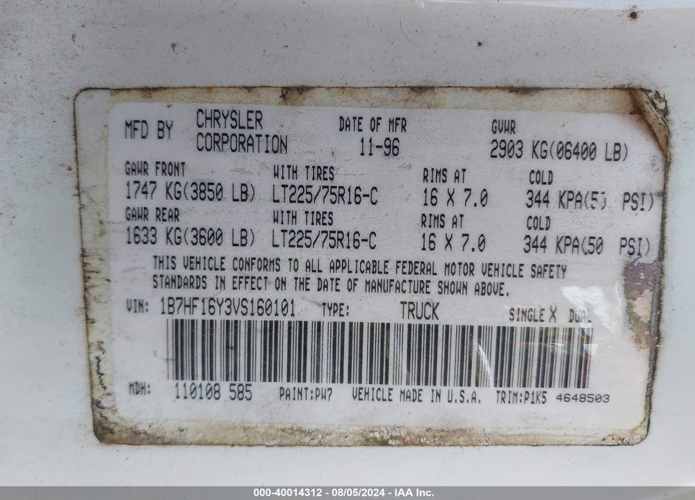 1997 DODGE RAM 1500 LT VIN: 1B7HF16Y3VS160101
