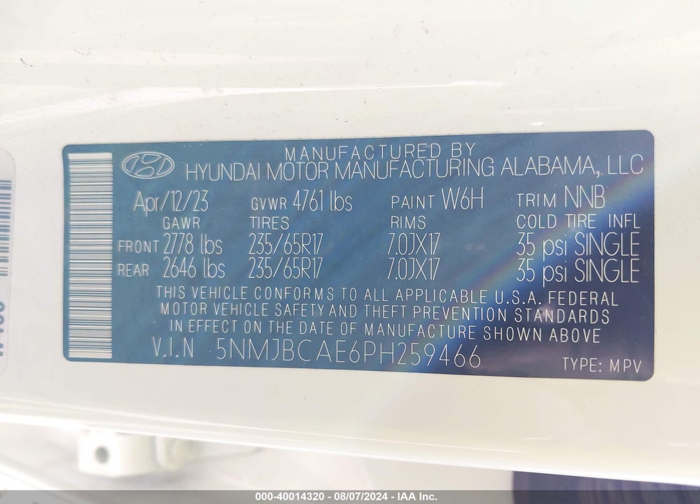 2023 HYUNDAI TUCSON SEL VIN: 5NMJBCAE6PH259466