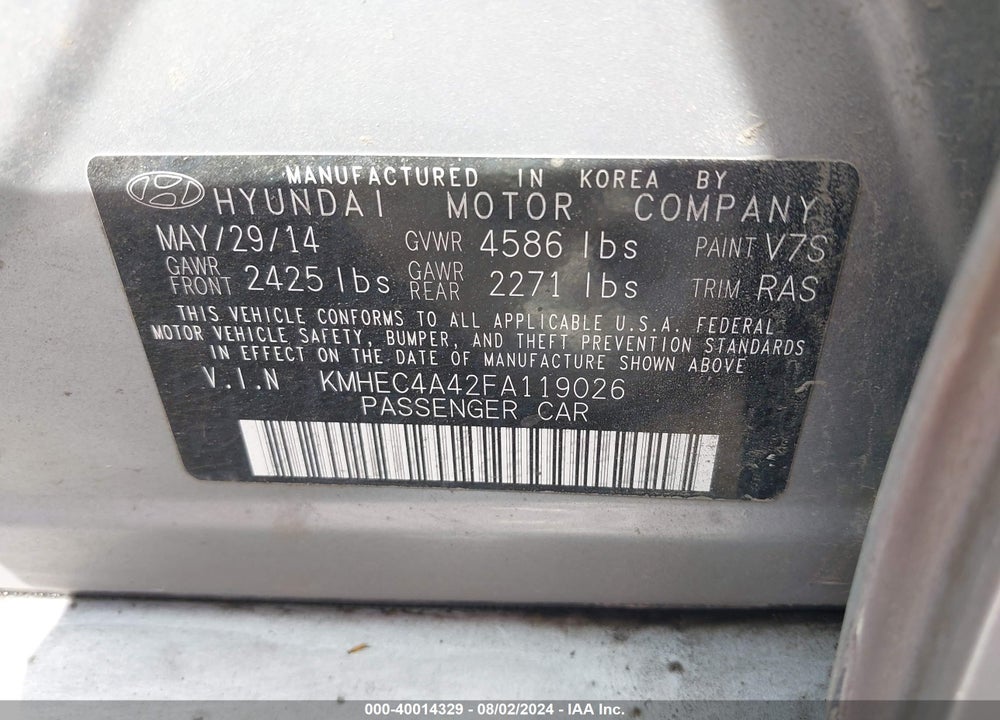 2015 HYUNDAI SONATA HYBRID VIN: KMHEC4A42FA119026