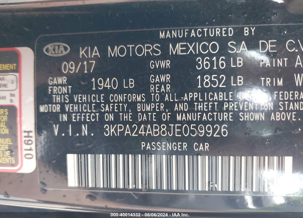 2018 KIA RIO VIN: 3KPA24AB8JE059926