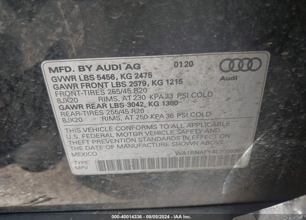 2020 AUDI Q5 PREMIUM PLUS 45 TFSI QUATTRO S TRONIC VIN: WA1BNAFY4L2055387