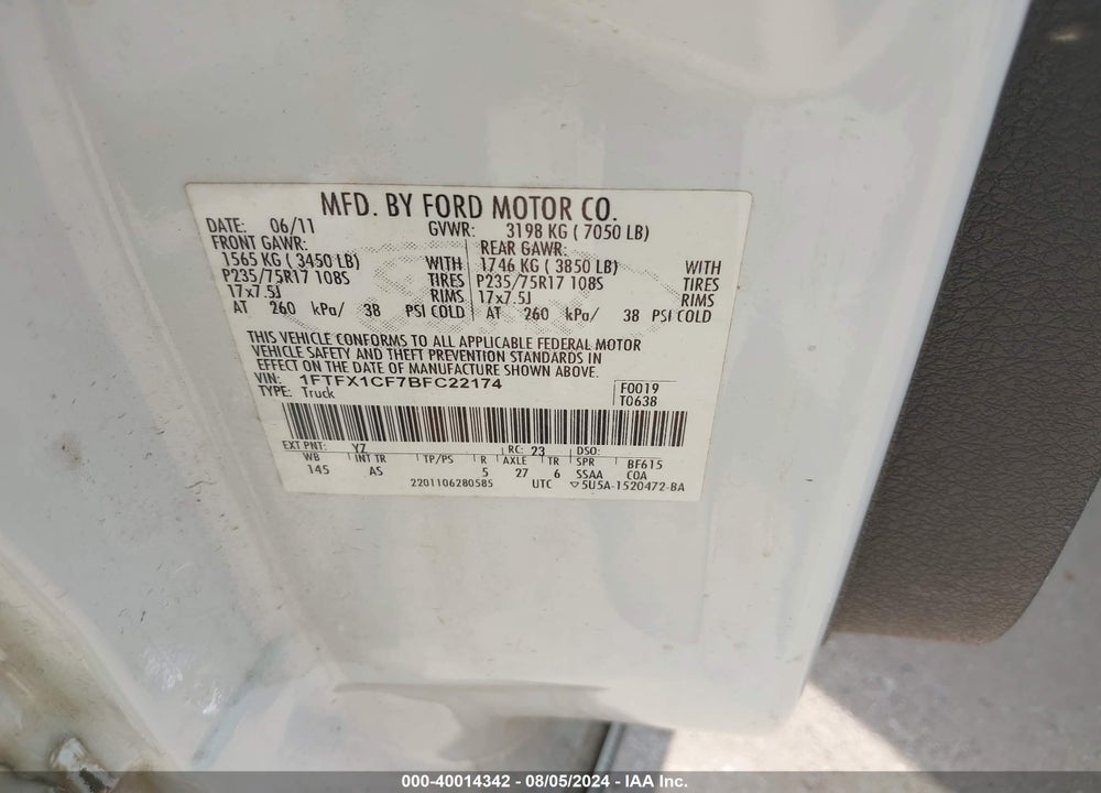 2011 FORD F-150 XL VIN: 1FTFX1CF7BFC22174