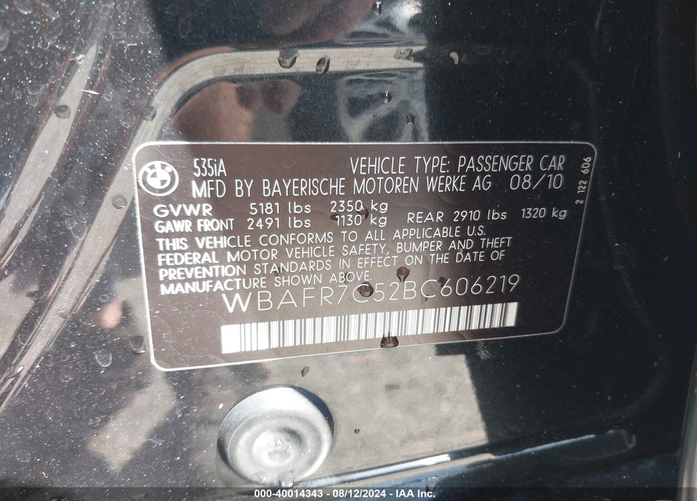 2011 BMW 535I VIN: WBAFR7C52BC606219