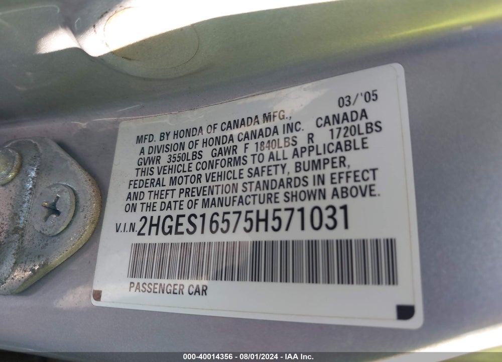 2005 HONDA CIVIC LX VIN: 2HGES16575H571031