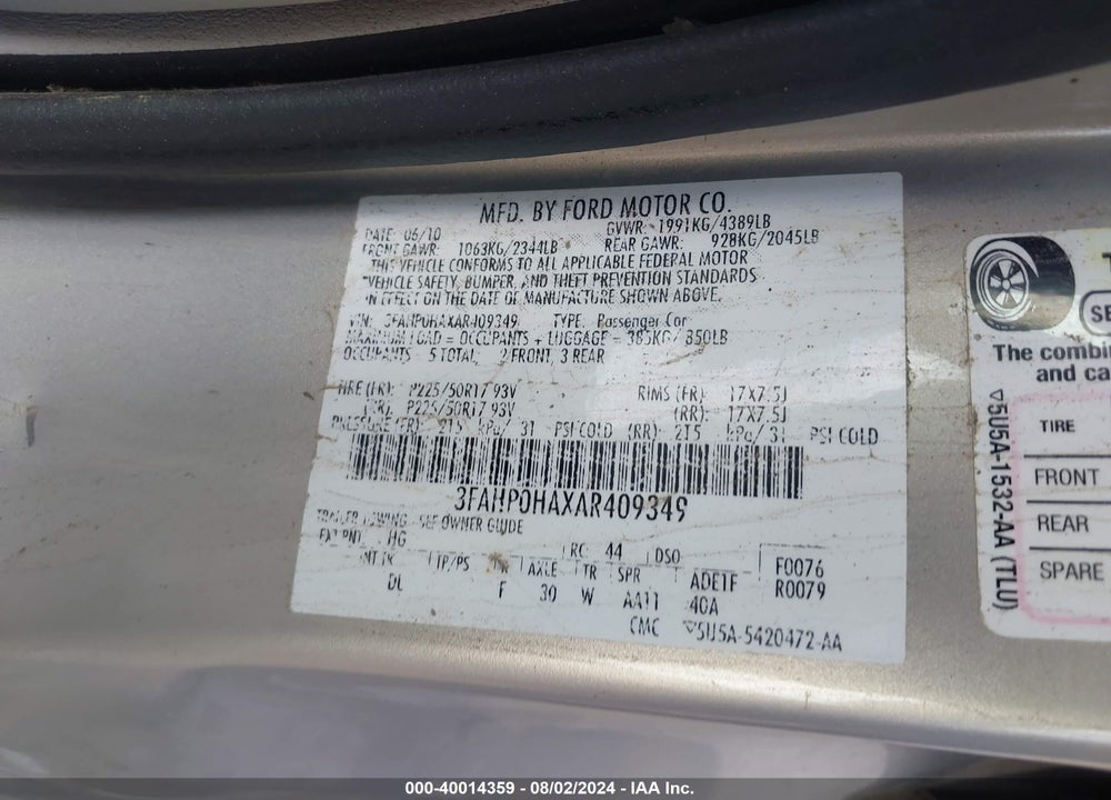 2010 FORD FUSION SE VIN: 3FAHP0HAXAR409349
