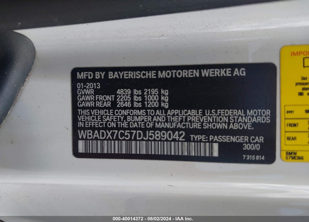 2013 BMW 335I VIN: WBADX7C57DJ589042