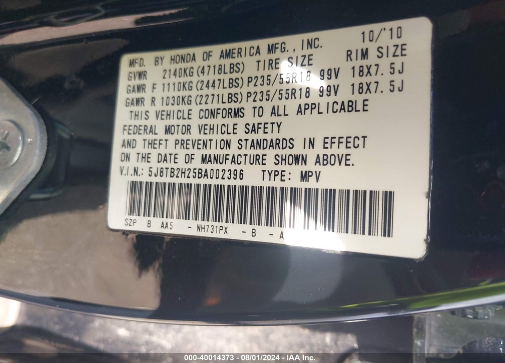 2011 ACURA RDX VIN: 5J8TB2H25BA002396