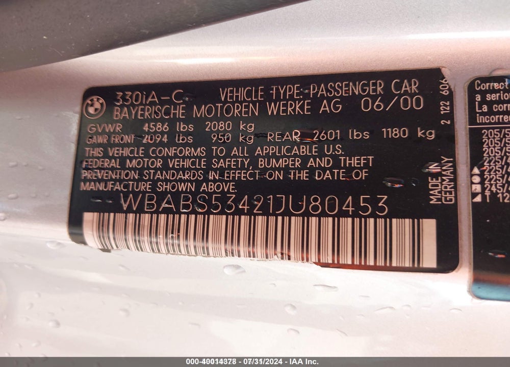 2001 BMW 330CI VIN: WBABS53421JU80453