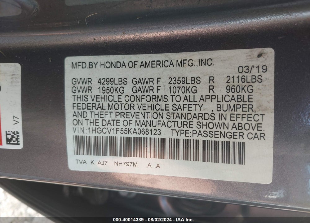 2019 HONDA ACCORD EX-L VIN: 1HGCV1F55KA068123