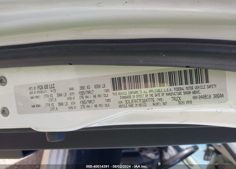 2015 RAM 1500 VIN: 3C6JR7AT7FG647776