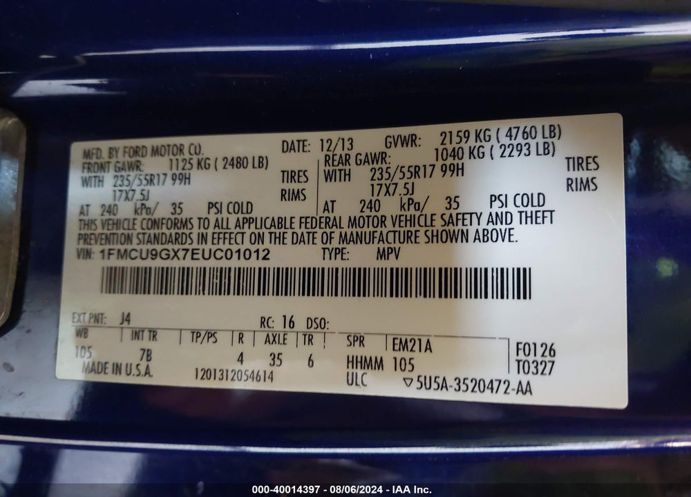 2014 FORD ESCAPE SE VIN: 1FMCU9GX7EUC01012