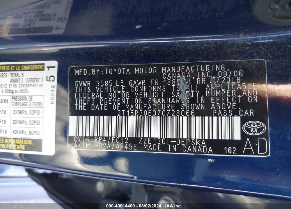 2007 TOYOTA COROLLA S VIN: 2T1BR30E37C728066
