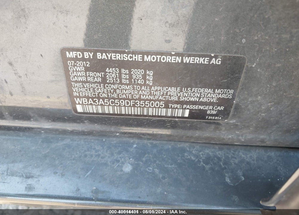 2013 BMW 328I VIN: WBA3A5C59DF355005