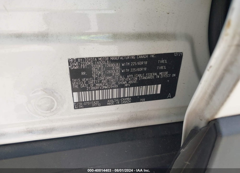 2021 TOYOTA RAV4 HYBRID XLE PREMIUM VIN: 2T3B6RFV3MW029489