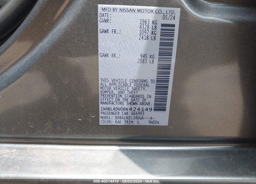 2024 NISSAN ALTIMA SV FWD VIN: 1N4BL4DV0RN424149