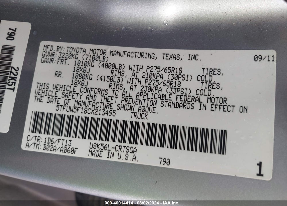 2012 TOYOTA TUNDRA GRADE 5.7L V8 VIN: 5TFUW5F18CX213495