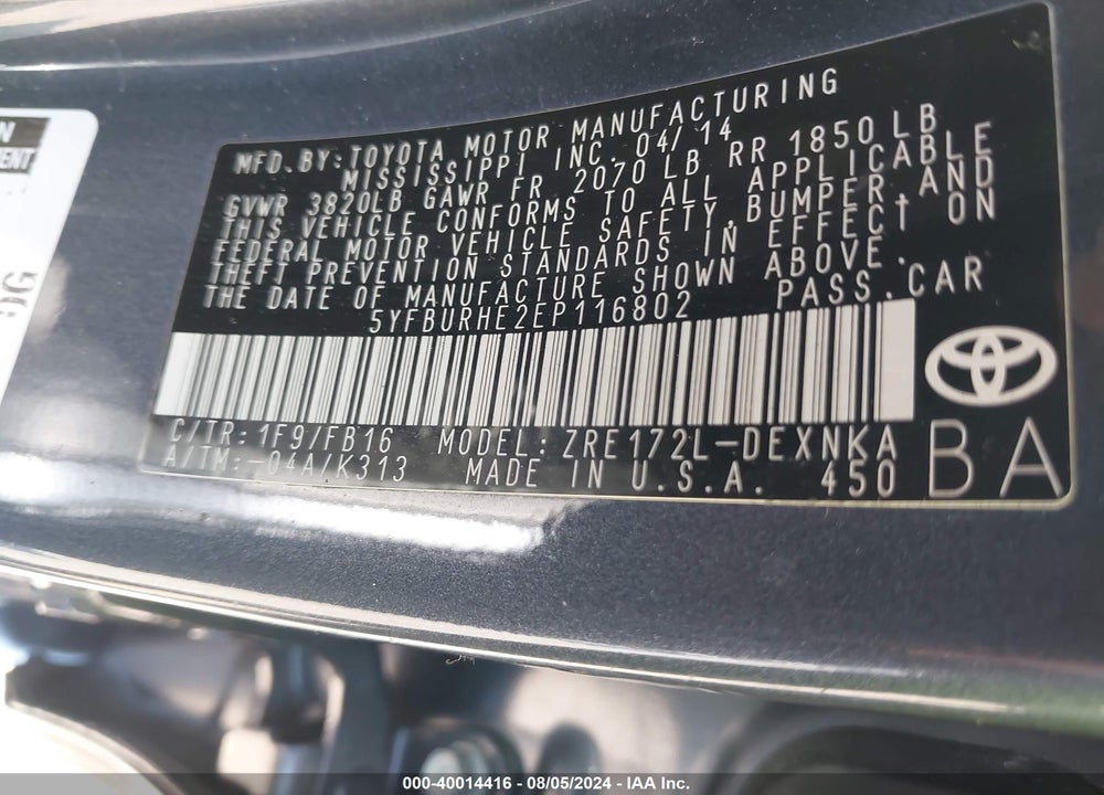 2014 TOYOTA COROLLA LE VIN: 5YFBURHE2EP116802