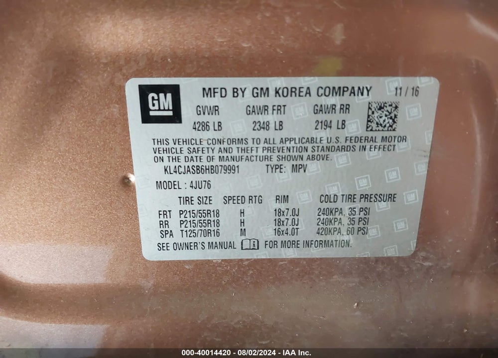 2017 BUICK ENCORE PREFERRED VIN: KL4CJASB6HB079991