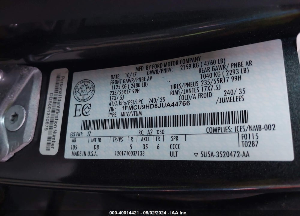 2018 FORD ESCAPE SEL VIN: 1FMCU9HD8JUA44766