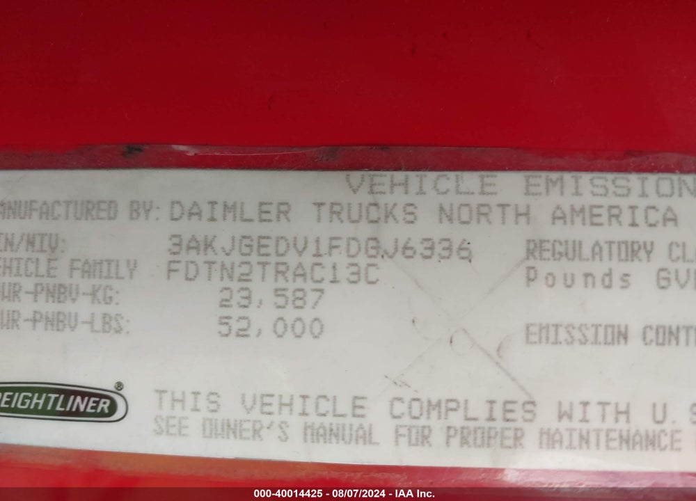 2015 FREIGHTLINER CASCADIA 125 VIN: 3AKJGEDV1FDGJ6336