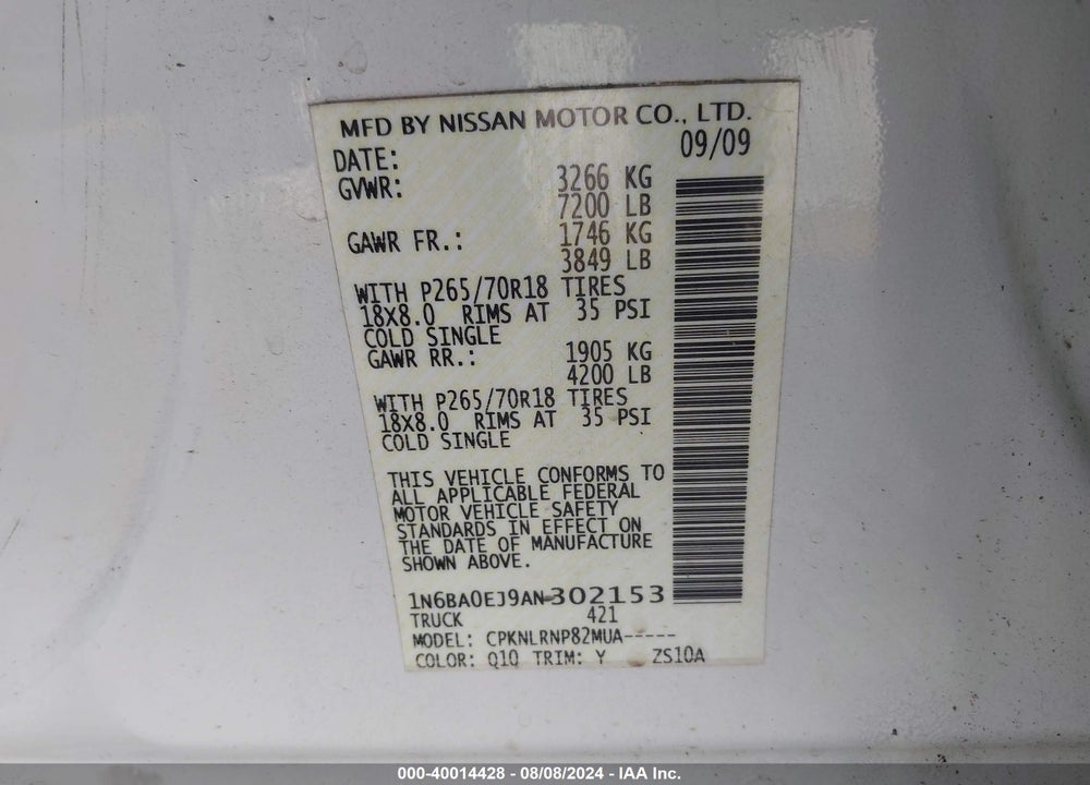 2010 NISSAN TITAN XE VIN: 1N6BA0EJ9AN302153
