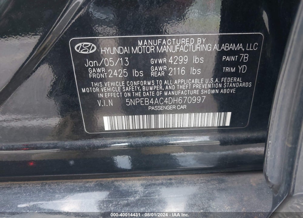 2013 HYUNDAI SONATA GLS VIN: 5NPEB4AC4DH670997