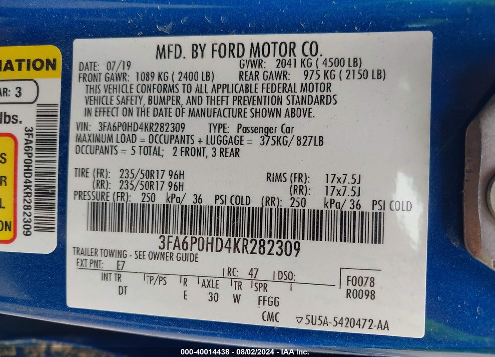 2019 FORD FUSION VIN: 3FA6P0HD4KR282309