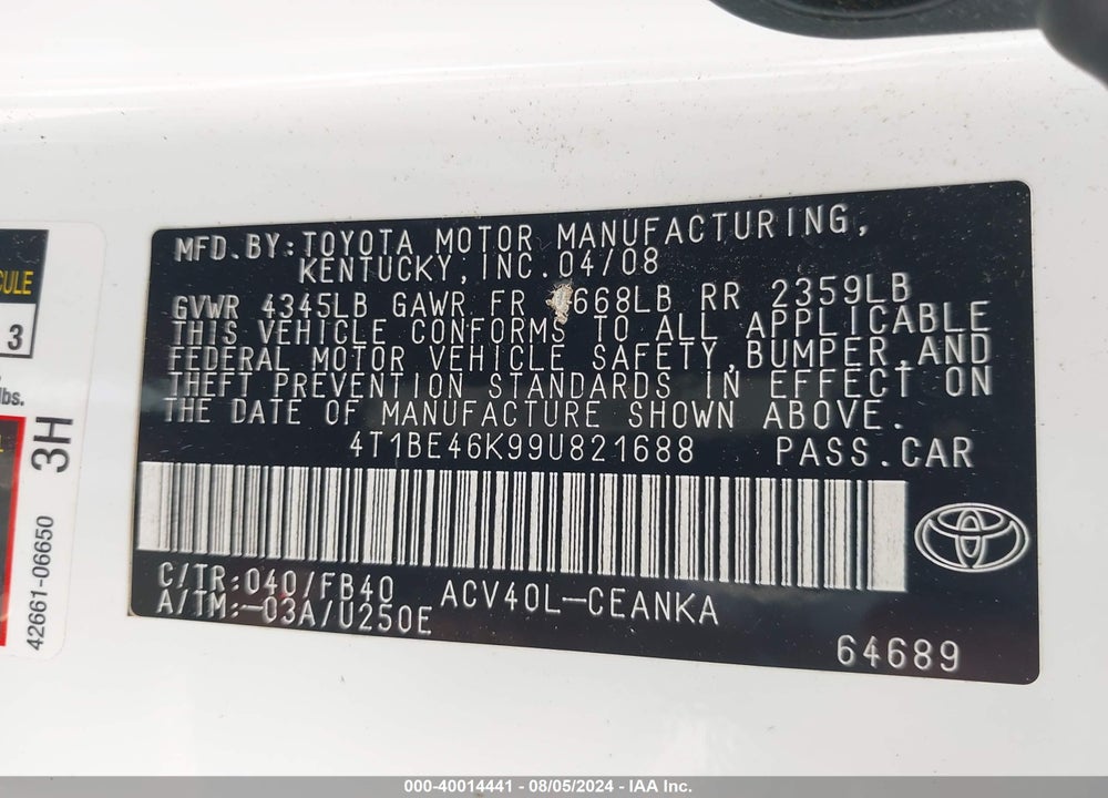 2009 TOYOTA CAMRY LE VIN: 4T1BE46K99U821688