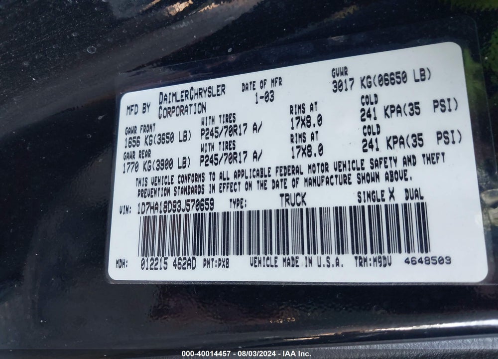 2003 DODGE RAM 1500 SLT/LARAMIE/ST VIN: 1D7HA18D93J570659