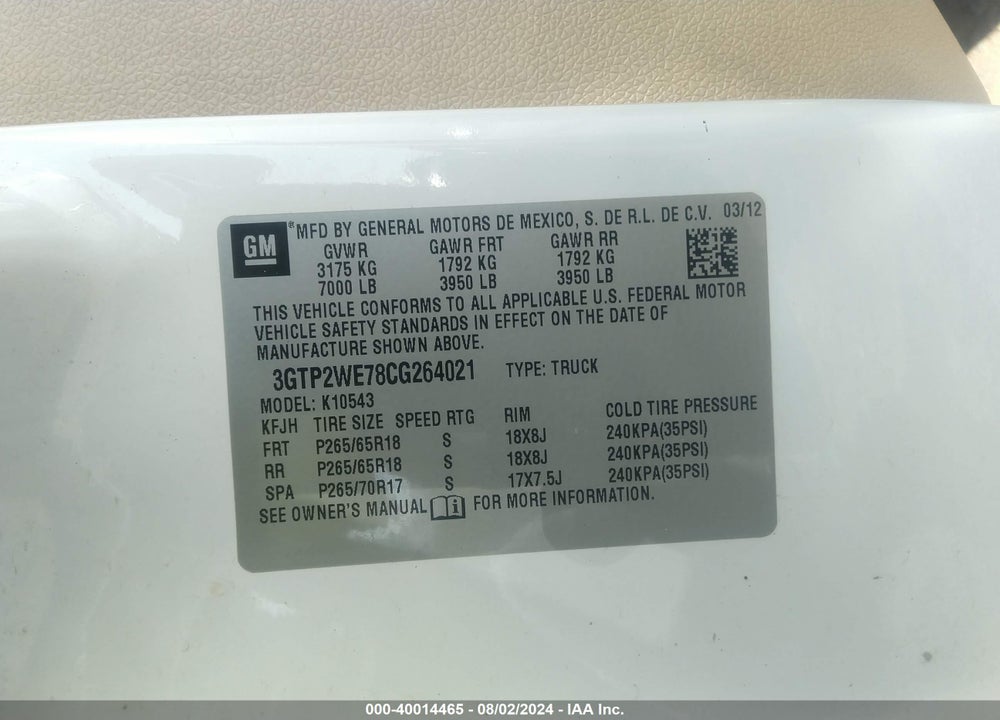 2012 GMC SIERRA 1500 SLT VIN: 3GTP2WE78CG264021