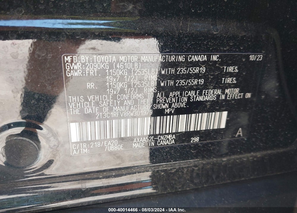 2024 TOYOTA RAV4 XLE PREMIUM VIN: 2T3C1RFV8RW301979