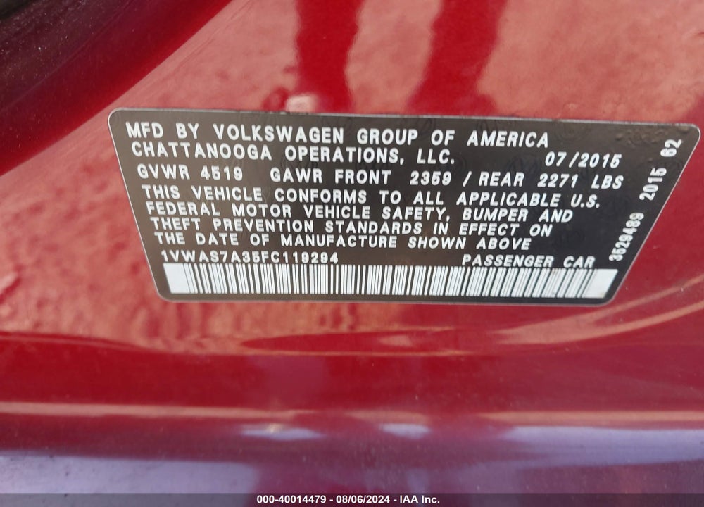2015 VOLKSWAGEN PASSAT 1.8T LIMITED EDITION VIN: 1VWAS7A35FC119294