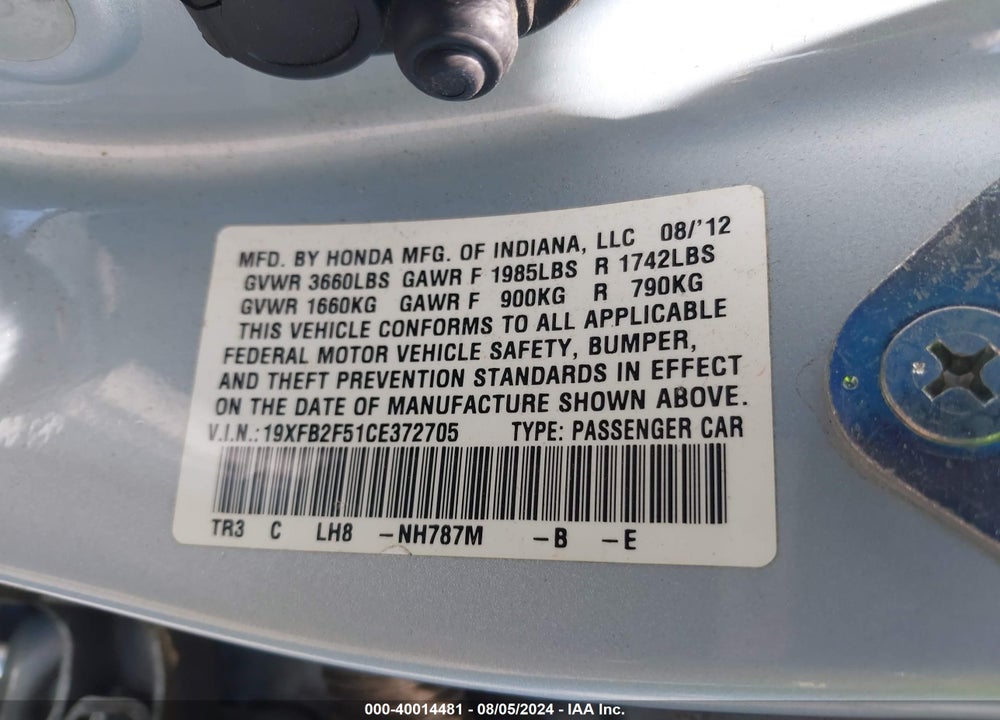 2012 HONDA CIVIC LX VIN: 19XFB2F51CE372705