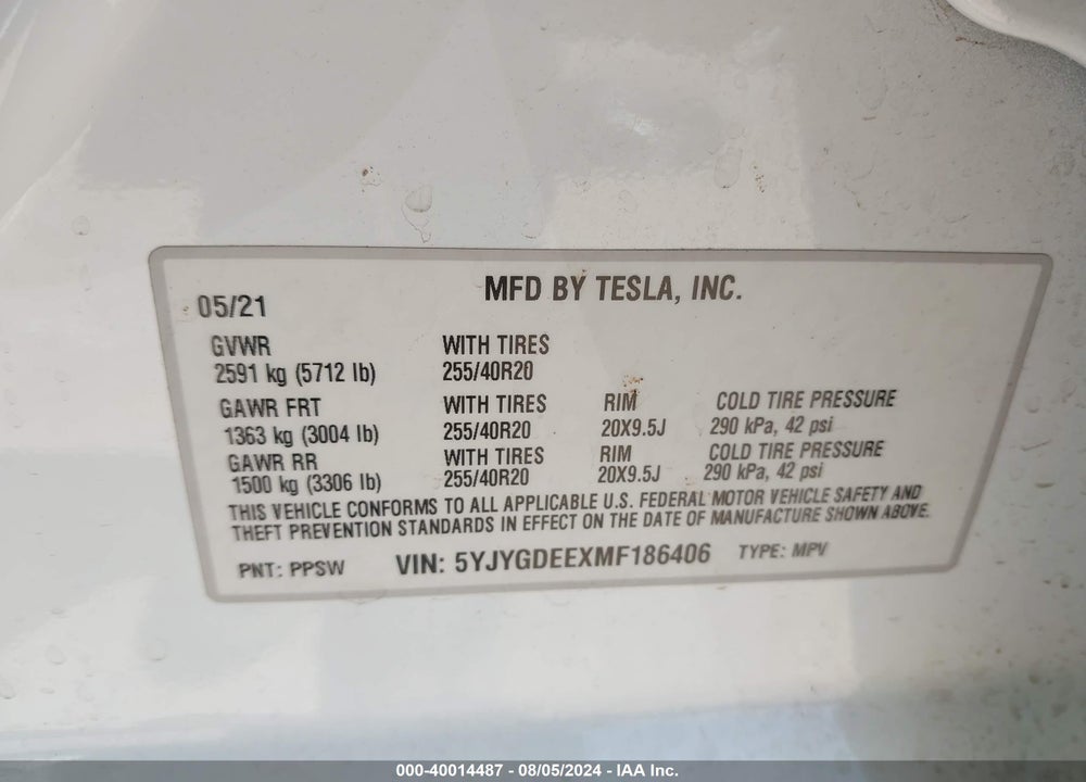 2021 TESLA MODEL Y VIN: 5YJYGDEEXMF186406