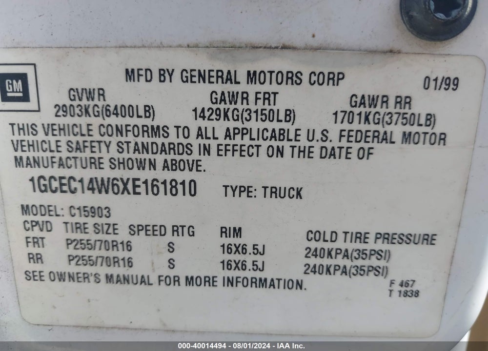 1999 CHEVROLET SILVERADO 1500 VIN: 1GCEC14W6XE161810