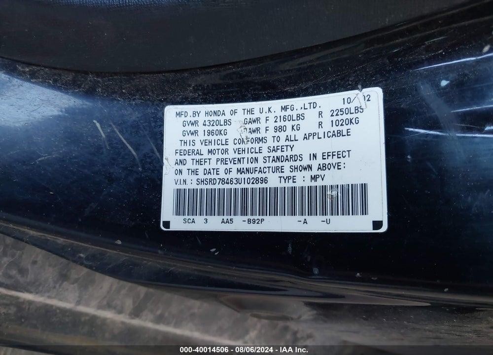 2003 HONDA CR-V LX VIN: SHSRD78463U102896